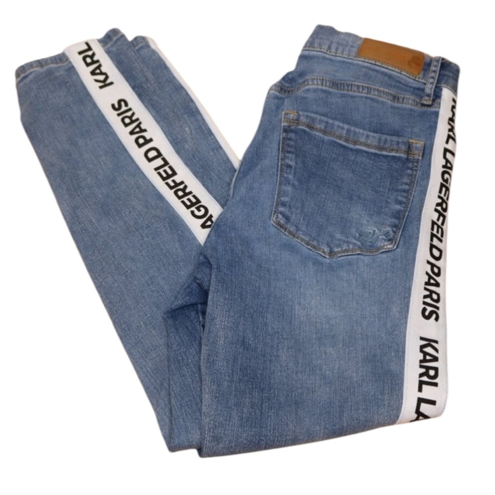Karl Lagerfeld Paris Blue Wash Jeans White Side Stripe Size 10